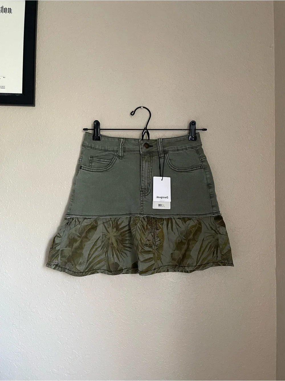 New Desigual Flounce Patchwork Denim Mini Skirt Size US 0/2 Tropical Print Green